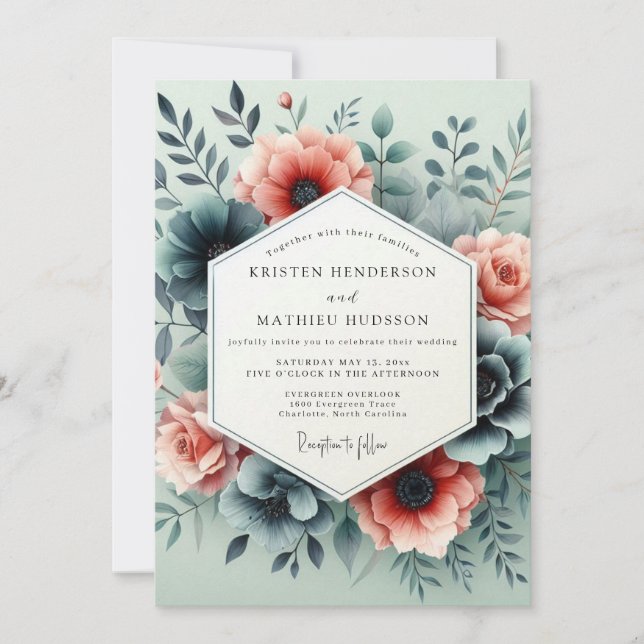 Teal Peach Somber Bloom Wedding Inbjudningar (Framsida)