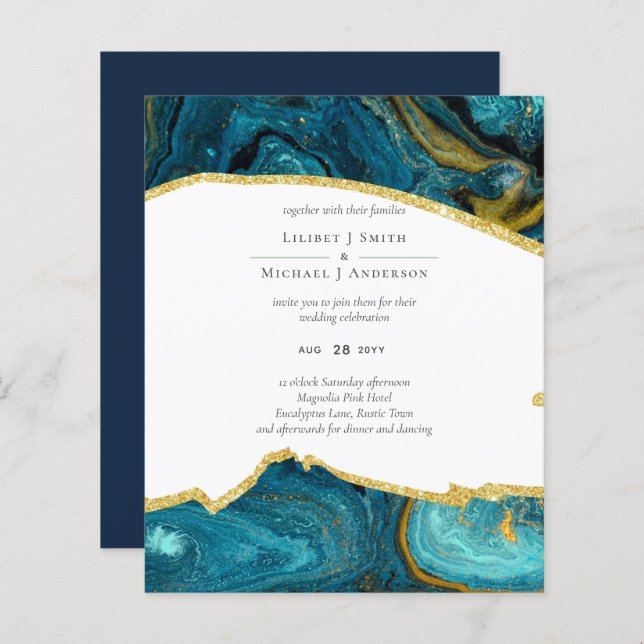 Teal Peacock Blue Guld Agate Bröllop (Fram/baksida)