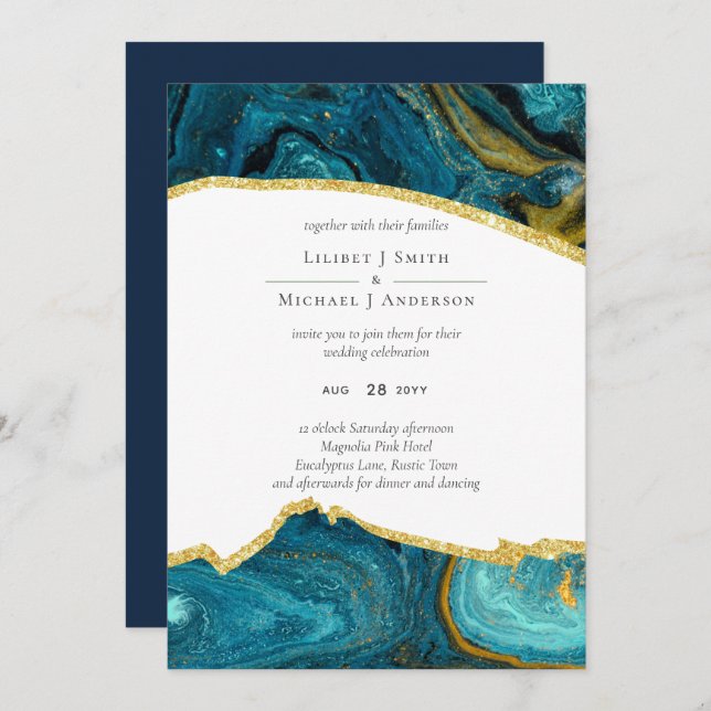 Teal Peacock Blue Guld Agate Bröllop (Fram/baksida)