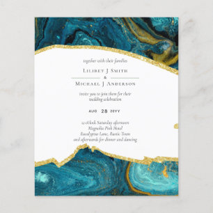 Teal Peacock Blue Guld Agate Bröllop Flygblad