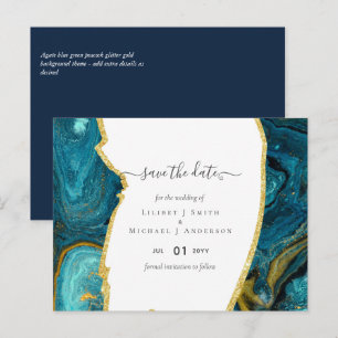 Teal Peacock Blue Guld Agate Bröllop Vykort