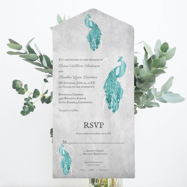 Teal Peacock Bröllop alla i en enda inbjudan (Teal Peacock All in One Wedding Invite)