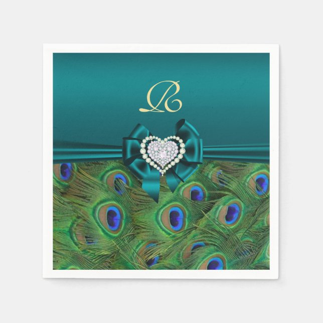 Teal Peacock Bröllop Pappra Party Napkins Pappersservett (Framsidan)