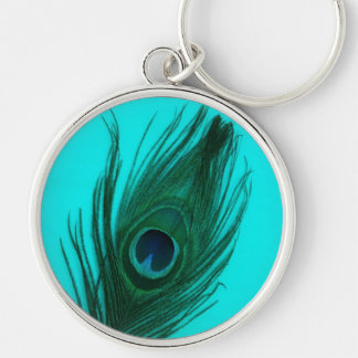 Teal Peacock Feather Large Premium Keychain Rund Silverfärgad Nyckelring