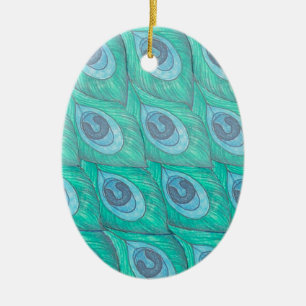 Teal Peacock Feather Mönster Design Julgransprydnad Keramik