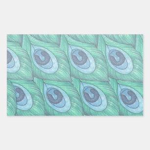 Teal Peacock Feather Mönster Design Rektangulärt Klistermärke