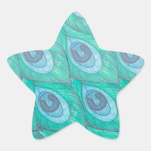 Teal Peacock Feather Mönster Design Stjärnformat Klistermärke