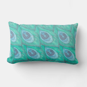 Teal Peacock Feather Mönster ~ Lite Blue Back Lumbarkudde