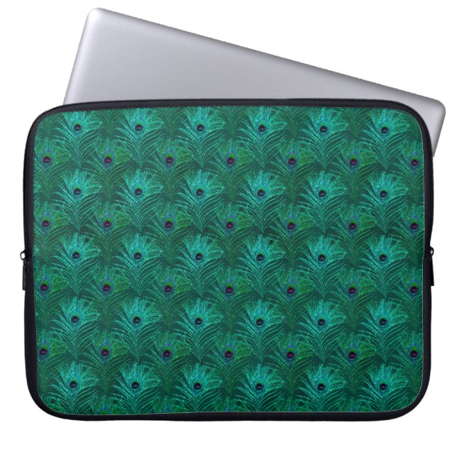 Teal Peacock Feathers Mönster Laptop Fodral (Framsidan)