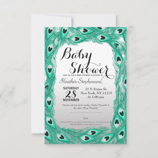 Teal Peacock Feathers on White to Grått Gradient Inbjudningar (Framsida)