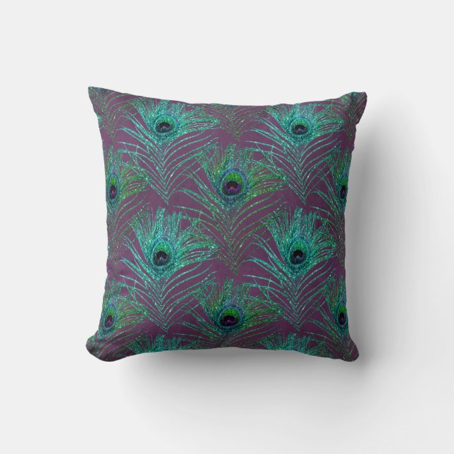 Teal Peacock Fjädrar på Lilan Kudde (Framsida)