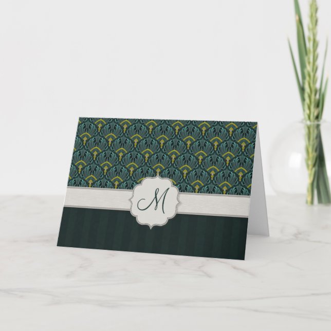 Teal Peacock Fläkt och Rand med Monogram Anteckningskort (Framsida)