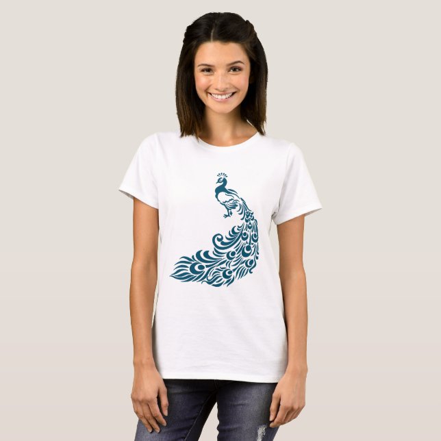 Teal Peacock fold Snyggt Art Deco Design T Shirt (Hel framsida)