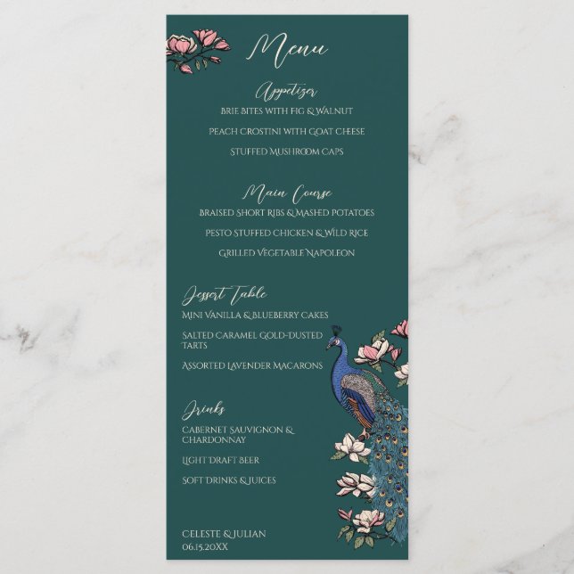 Teal Peacock Hand-Drawn Wedding Menu Meny (Framsida)