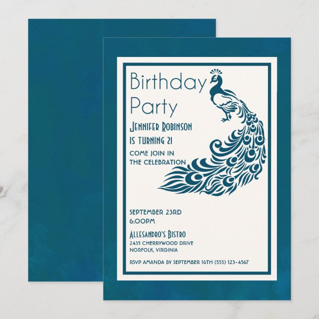 Teal Peacock l Chic Snyggt Design Birday Inbjudningar (Fram/baksida)