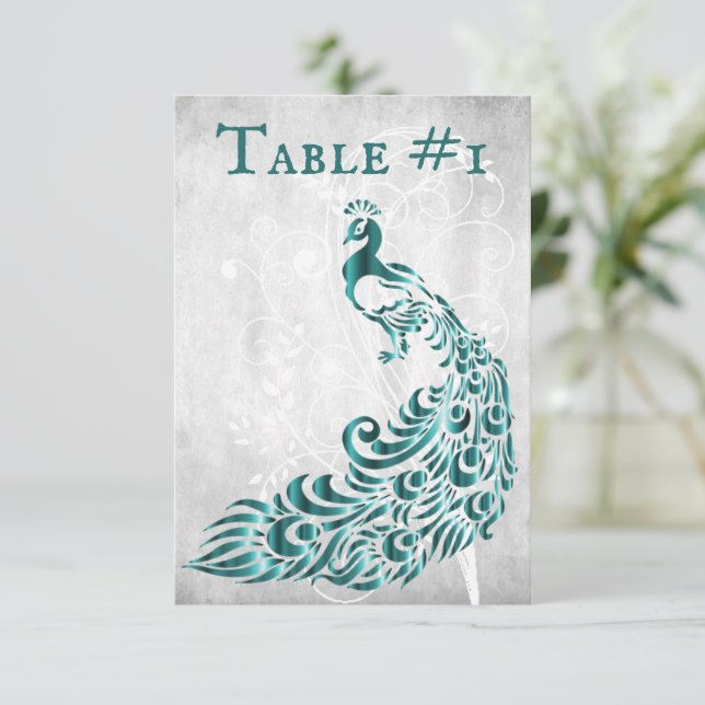 Teal Peacock Löv Vine Bord Card Inbjudningar (Stående Fram)