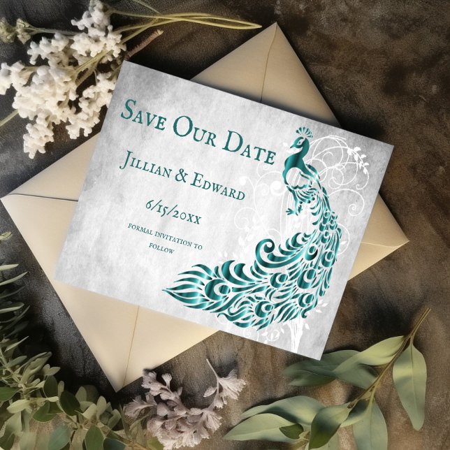 Teal Peacock Löv Vine Spara datum meddelande (Teal Peacock Leaf Vine Save the Date)
