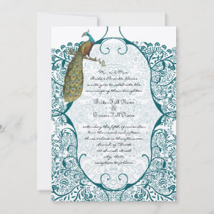 Teal Peacock Love Bird Bröllop Inbjudningar