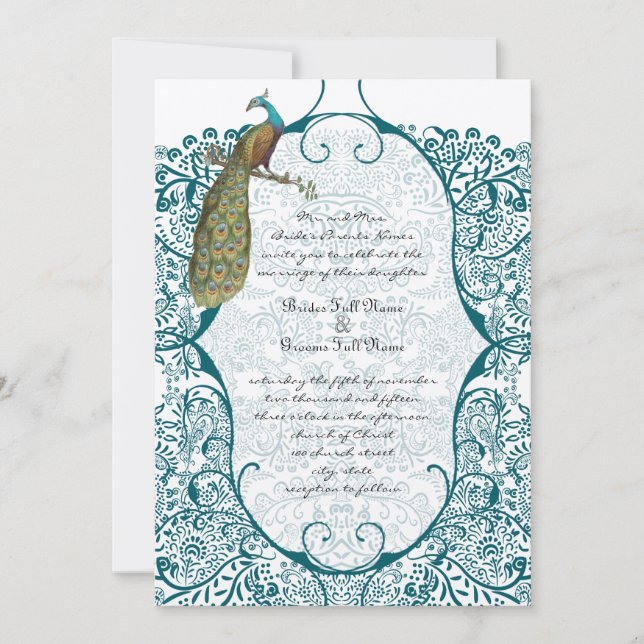 Teal Peacock Love Bird Bröllop Inbjudningar (Framsida)