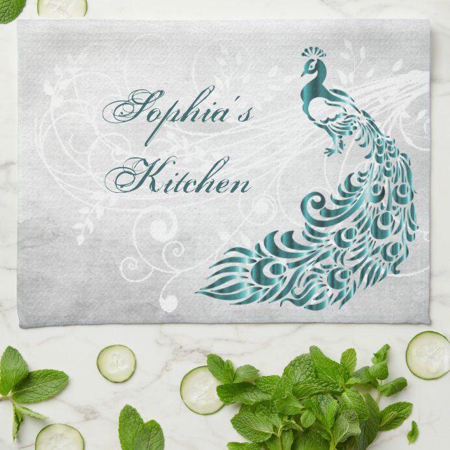 Teal Peacock Personlig Kitchen Towel Kökshandduk (Vikta)