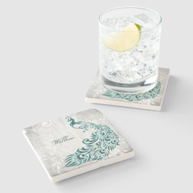 Teal Peacock Personlig Stone Underlägg (Sidan)