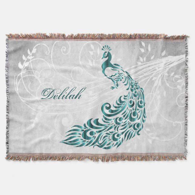Teal Peacock Personlig Throw Blanket Filt (Framsidan)