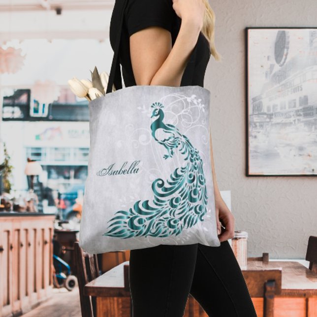 Teal Peacock Personlig Tote Bag Tygkasse (Teal Peacock Personalized Tote Bag)