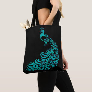 Teal Peacock Silhouette Black Tote Bag Tygkasse