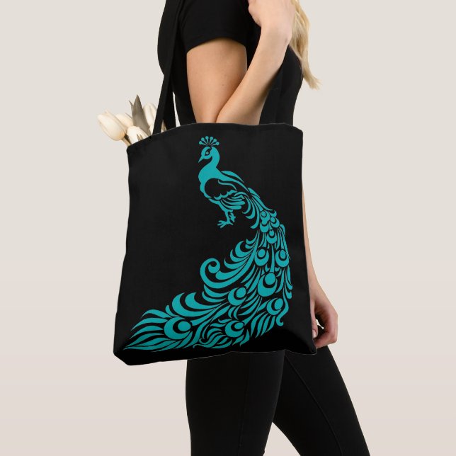 Teal Peacock Silhouette Black Tote Bag Tygkasse (Närbild)