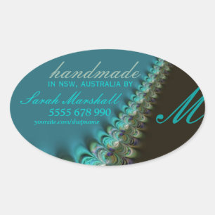 Teal Peacock Snöre Handmade Label Oval Sticker Ovalt Klistermärke