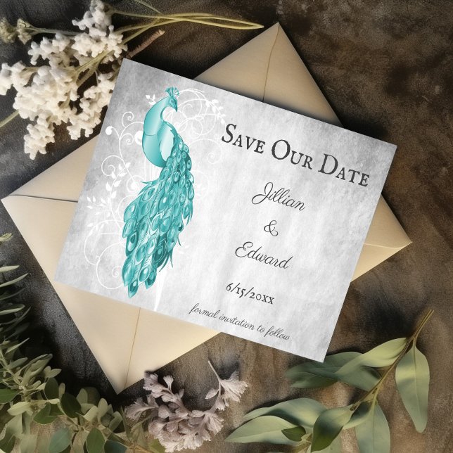 Teal Peacock Spara datum meddelande (Teal Peacock Save the Date)