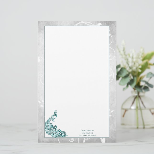 Teal Peacock Stationery Brevpapper (Stående Fram)