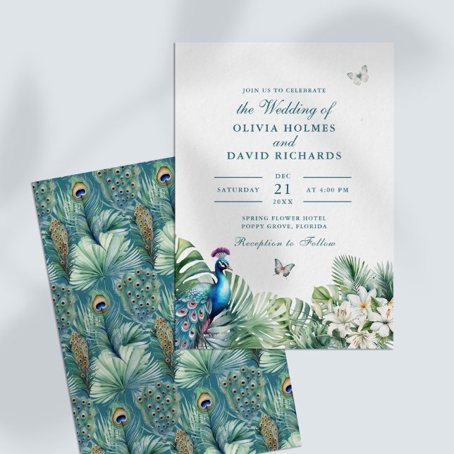Teal Peacock Tropical Flowers Butterfly Bröllop Inbjudningar (Teal Peacock Tropical Flowers Butterfly Wedding Invitation)