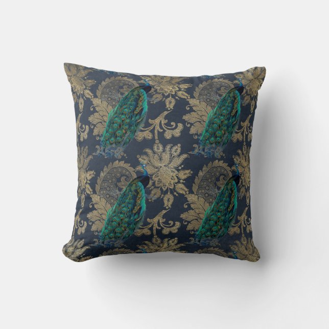 Teal Peacocks på Blue och Guld Kudde (Framsida)