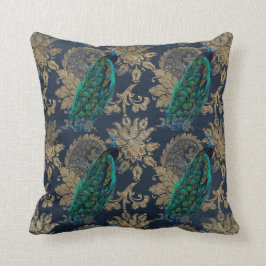 Teal Peacocks på Blue och Guld Kudde