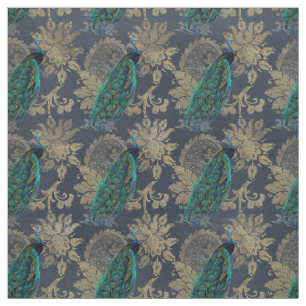 Teal Peacocks på Blue och Guld Tyg