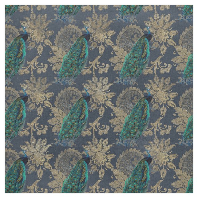 Teal Peacocks på Blue och Guld Tyg (Provkarta)