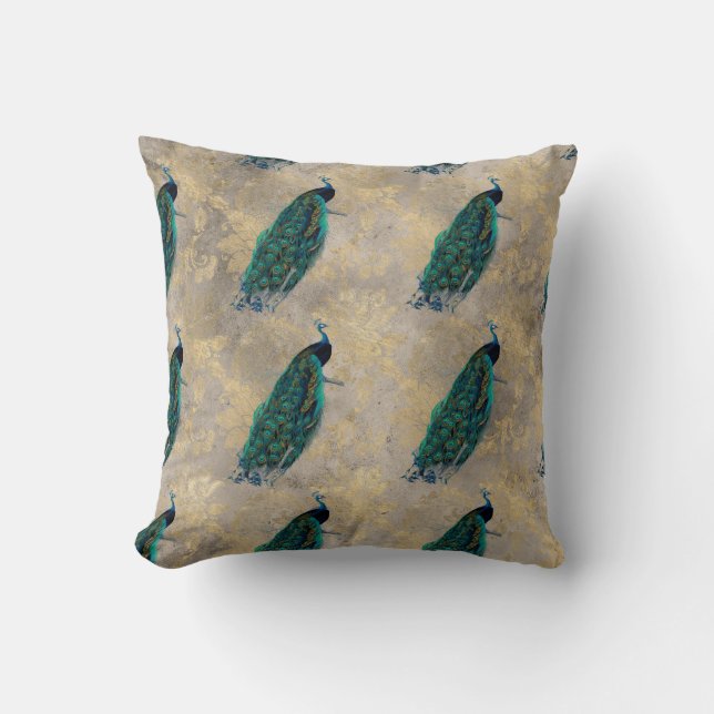 Teal Peacocks på Guld Kudde (Framsida)