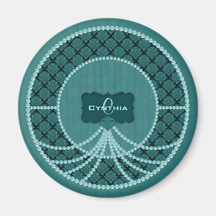 Teal Pearl Damask Round Magnet