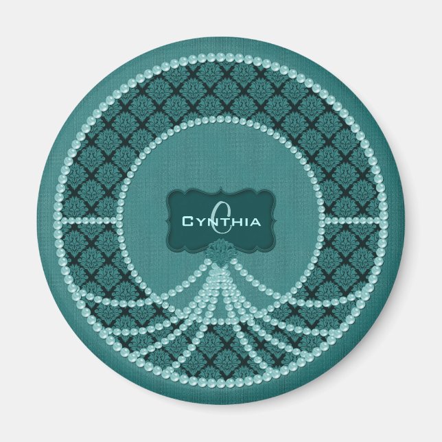 Teal Pearl Damask Round Magnet (Framsidan)