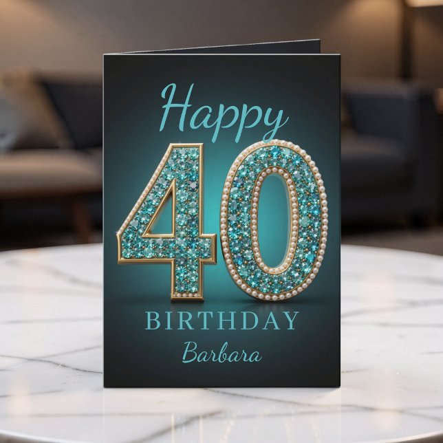Teal Pearl Diamond Glam 40-årsfirande Kort (Skapare uppladdad)