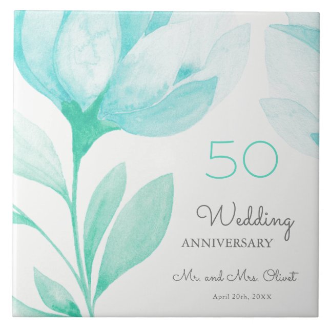 Teal Peonies Bröllop-årsdagen 50 år Kakelplatta (Framsidan)
