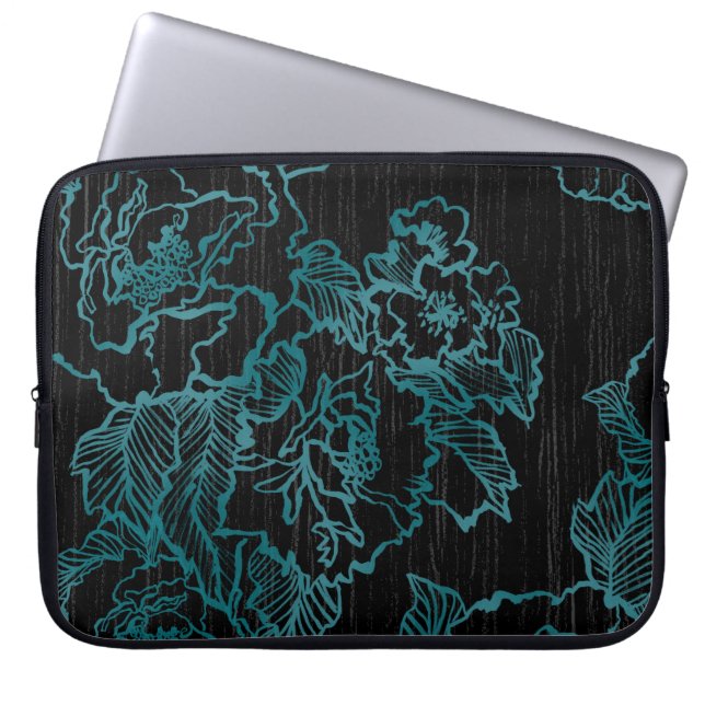 Teal Peonies on Elegant Black Laptop Sleeve (Framsidan)