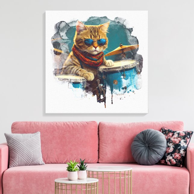 *~* TEAL Percussionist Coola Cat AP91 DRUMMER Canvastryck (Insitu (Vardagsrum))
