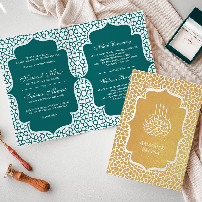 Teal Persian Gold Foil Muslim Wedding bjudande Folierat Kort (Skapare uppladdad)