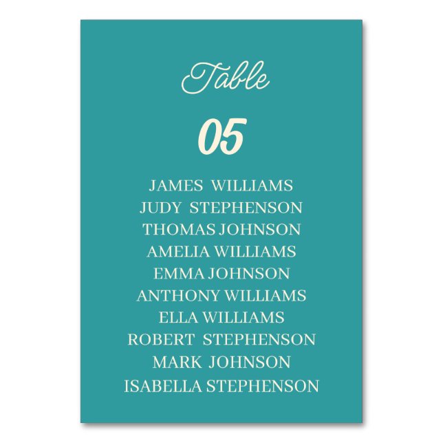 Teal Personligt bröllp Bordsnummer (Framsidan)