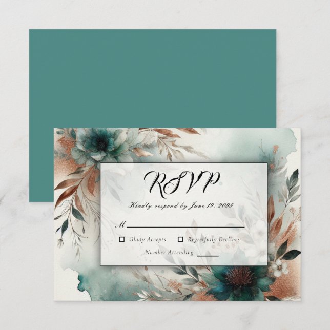 Teal Petals i Bronze Bloom Bröllop OSA Kort (Fram/baksida)
