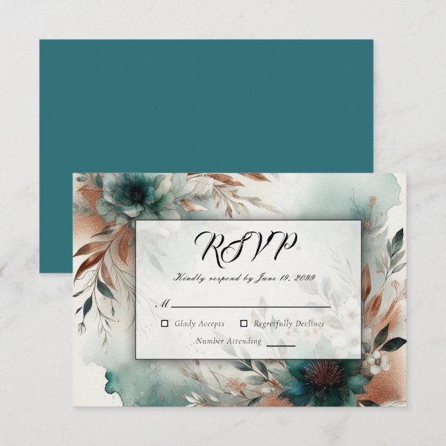 Teal Petals i Bronze Bloom Bröllop OSA Kort (Fram/baksida)