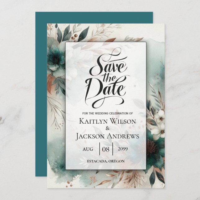 Teal Petals i Bronze Bloom Bröllop Spara Datumet (Fram/baksida)