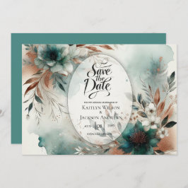 Teal Petals i Bronze Bloom Bröllop Spara Datumet